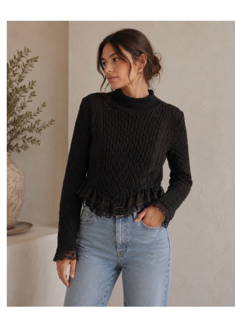 Zara Womens Black Lace Trim
Ruffle Mock Neck
Pointelle Knit Sweater whimsical